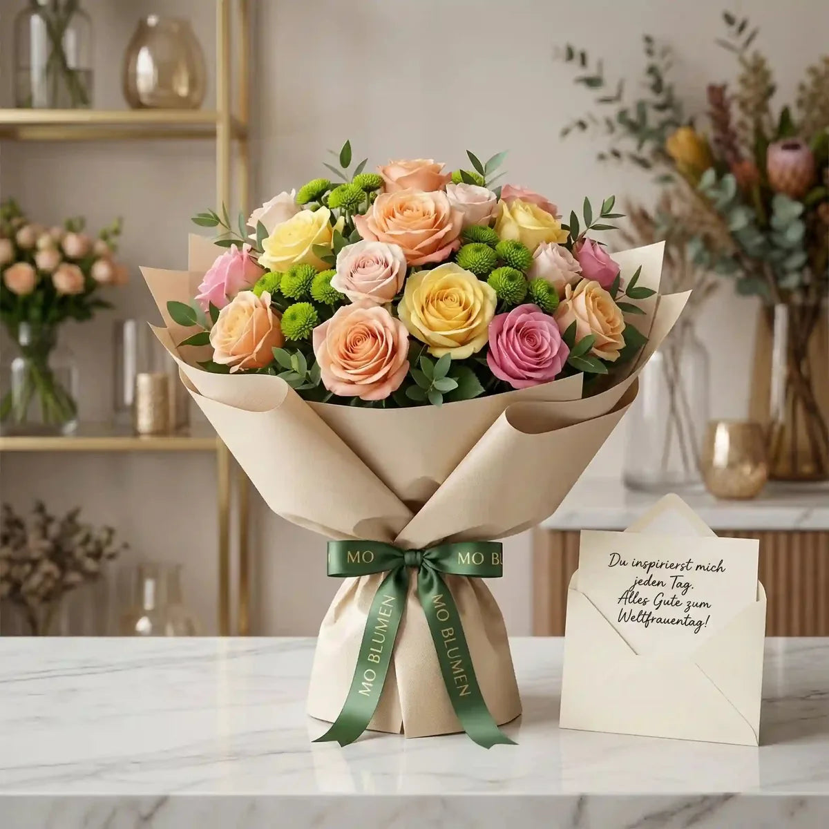 Pastellfarbener Rosenstrauß von MO BLUMEN, in braunem Papier und grünem Band verpackt, mit einer Grußkarte daneben.